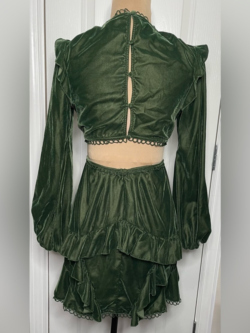 ASOS Emerald Green Velvet Ruffle Romantic Mini Dress Size 4 - Picture 6 of 9